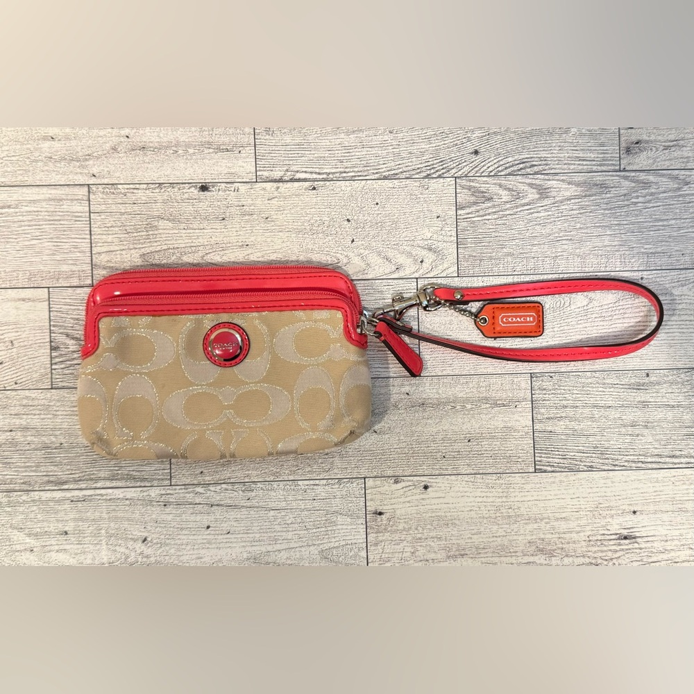 Coach Beige Signature Wristlet with Coral Trim and Strap